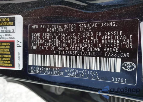 2015 Toyota Camry Le from USA, damaged, VIN 4T1BF1FK5FU107029